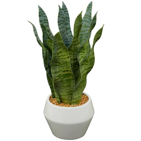 15" Green Snake Faux Foliage Artificial Plant with White Porcelain Pot